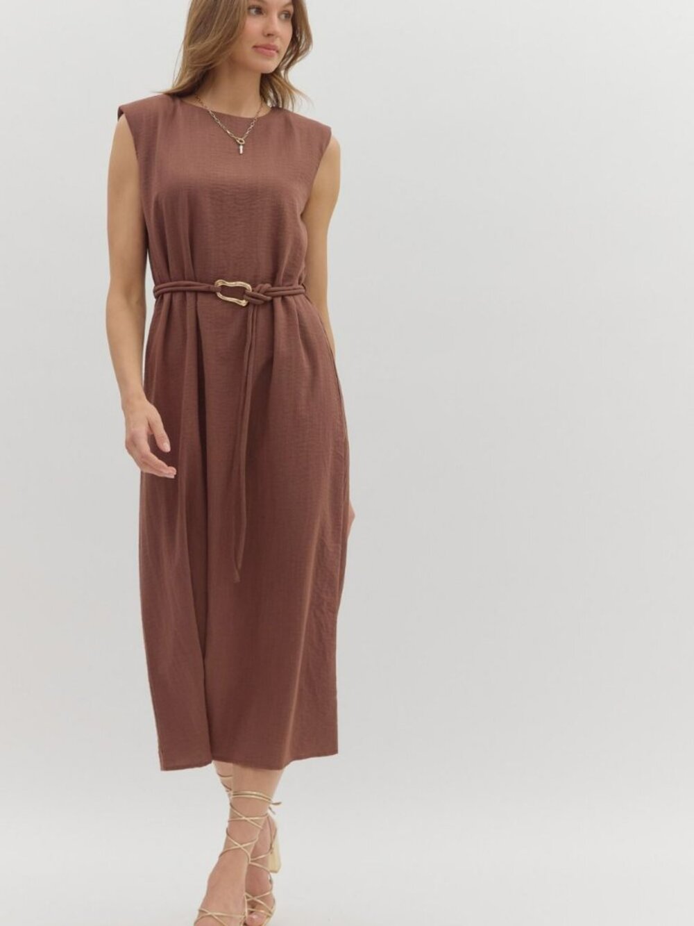 NWT Entro Espresso Belted Midi Dress with Gold Accent Fastener